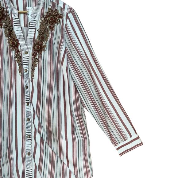 Soft Surroundings NWT Women's Linen Blend Striped Beaded Jeweled Tunic Top Large - Picture 5 of 8